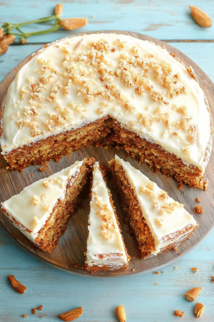 Freshly cut carrot cake slices arranged on a wooden board with a fork and napkin on the side.
