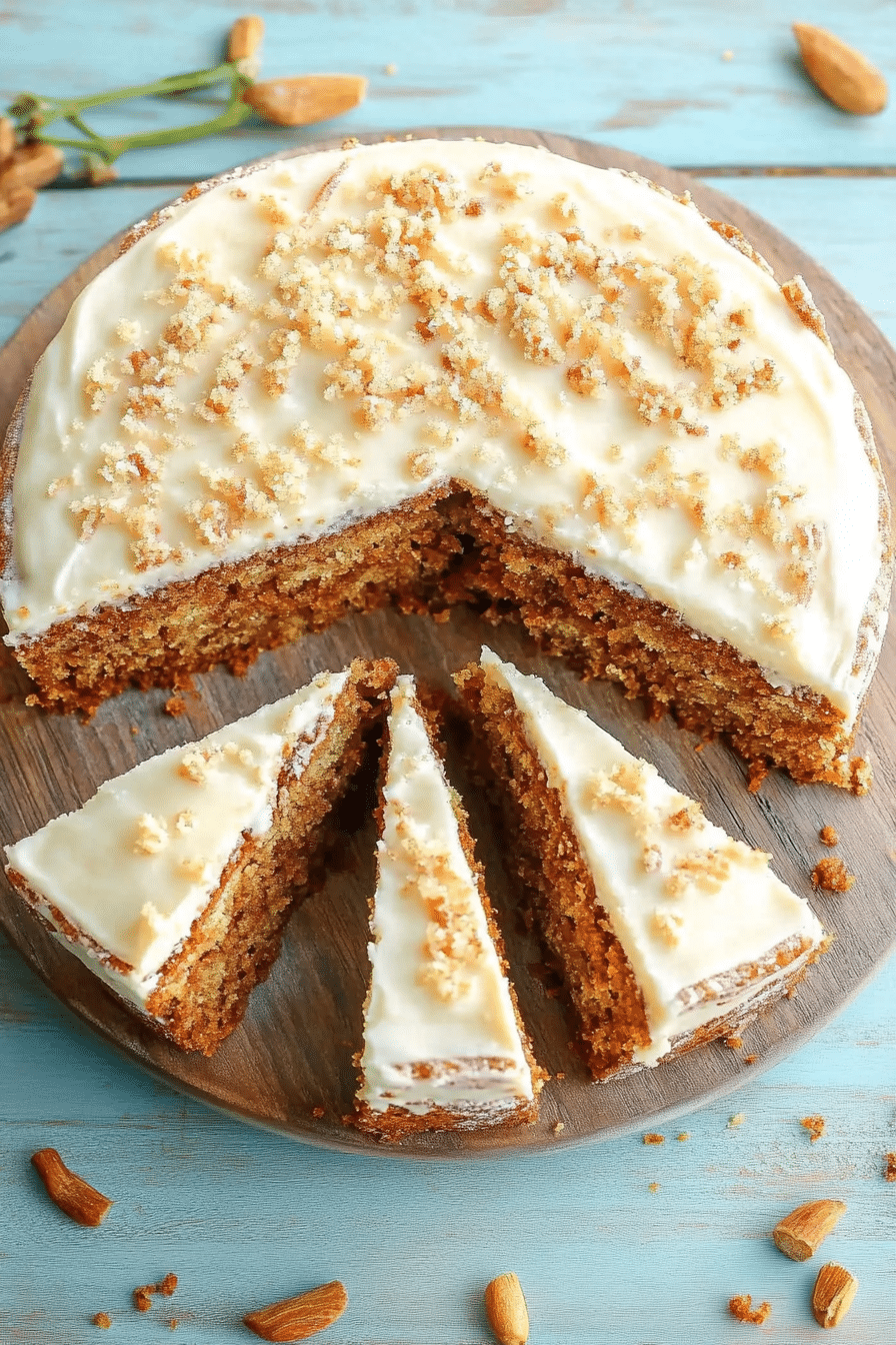 Freshly cut carrot cake slices arranged on a wooden board with a fork and napkin on the side.