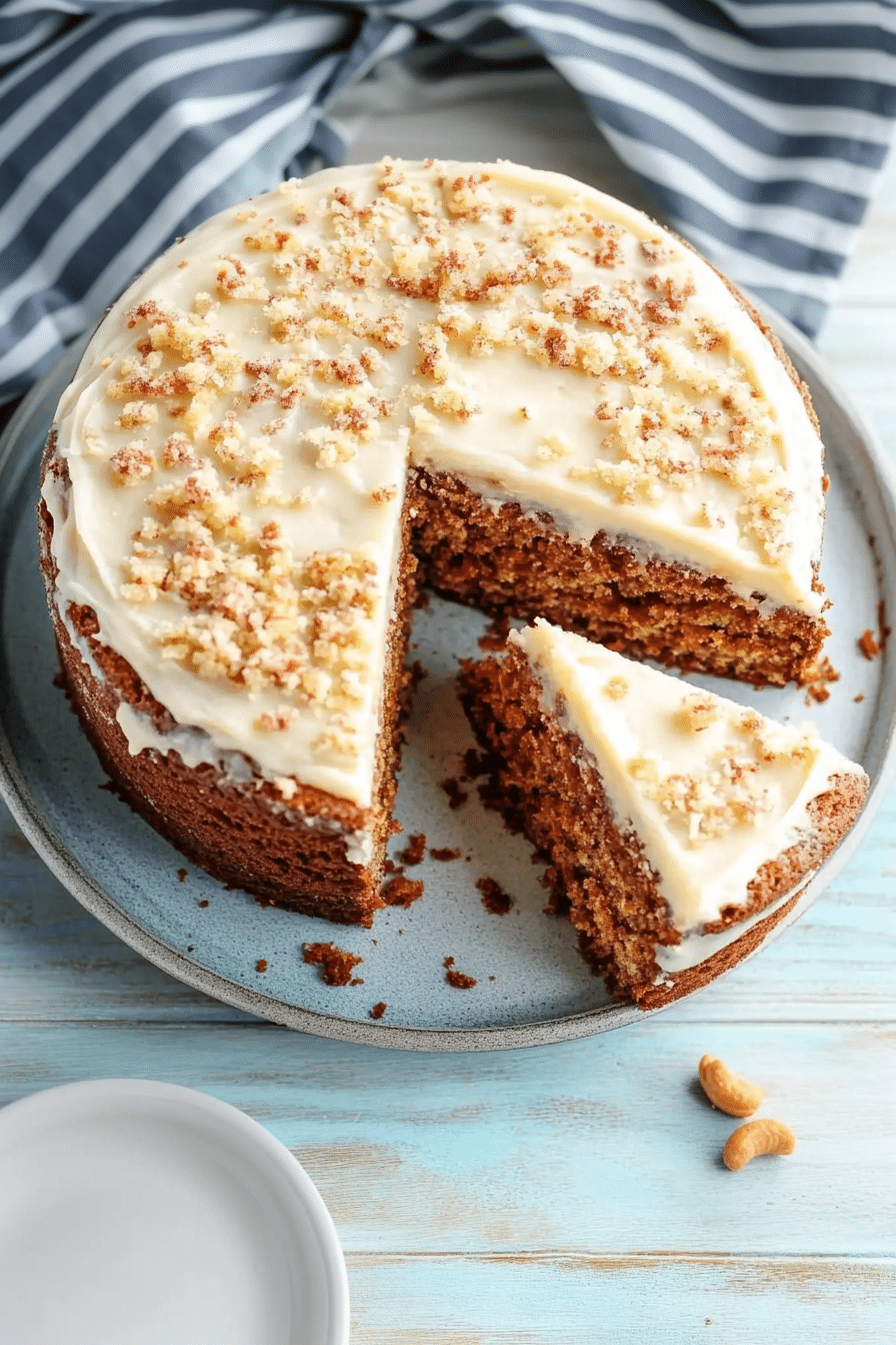 Top view of a moist Instant Pot carrot cake topped with cream cheese frosting and a sprinkle of cinnamon.