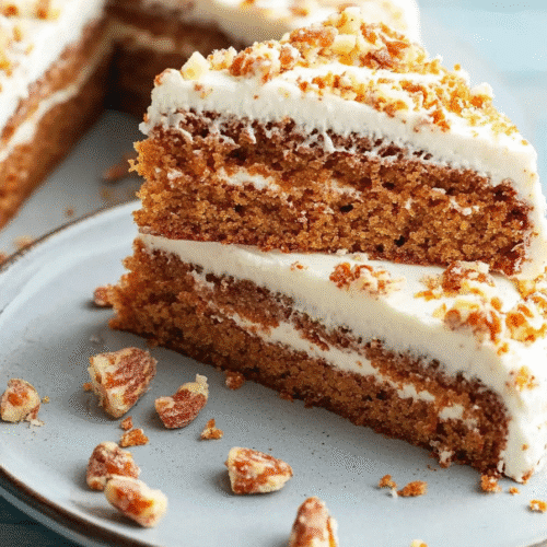 Close-up of a slice of carrot cake showing the soft, spongy texture with bits of apricot inside.