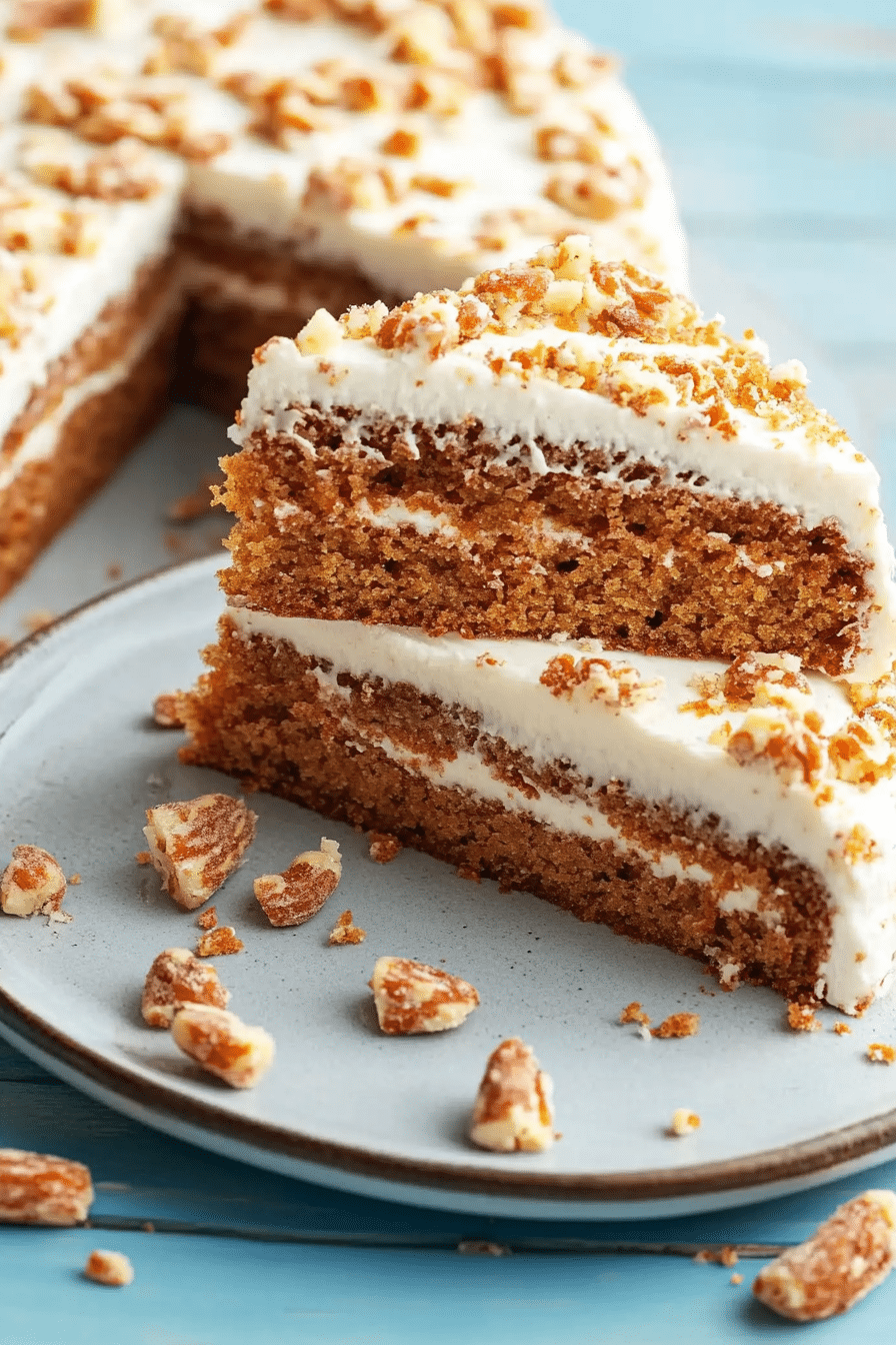 Close-up of a slice of carrot cake showing the soft, spongy texture with bits of apricot inside.