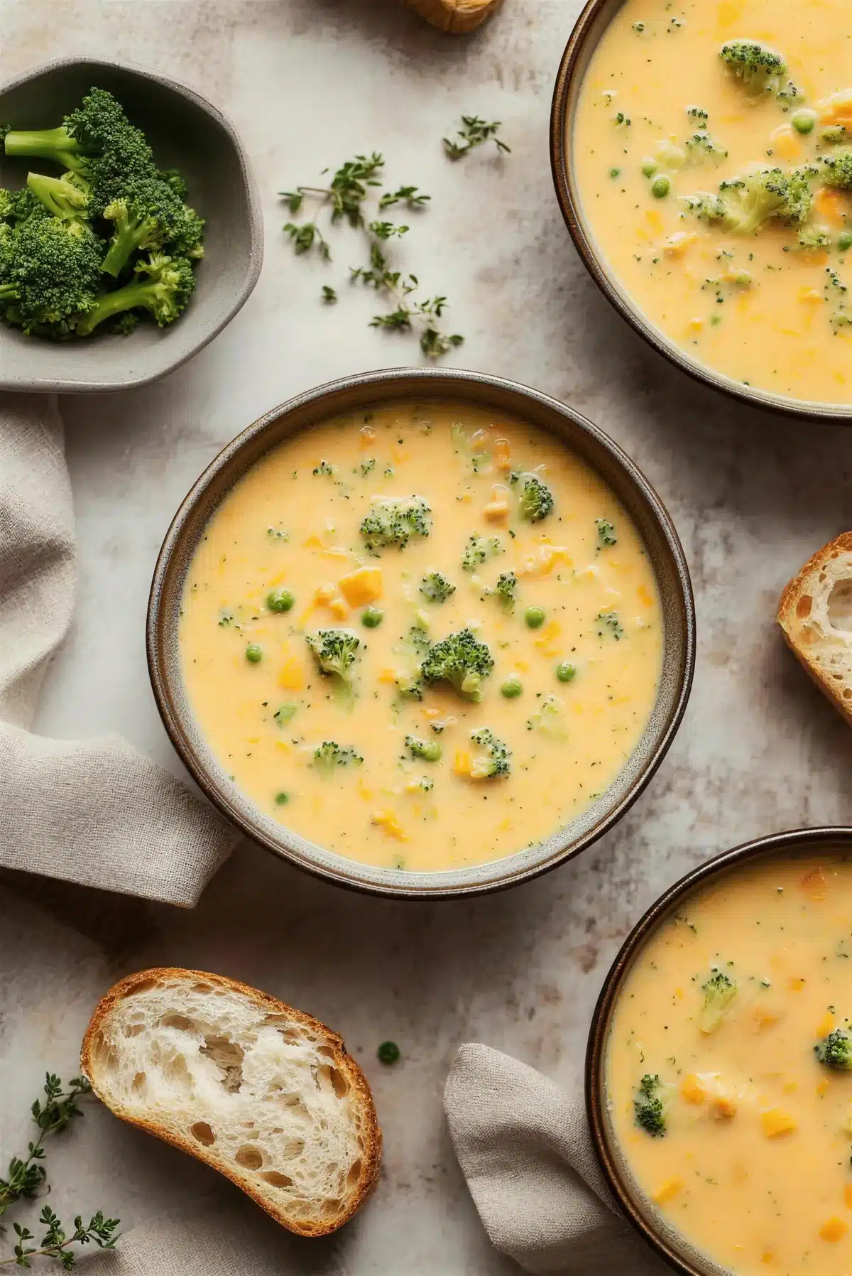 Two bowls of broccoli cheese soup with thyme sprigs and crusty bread