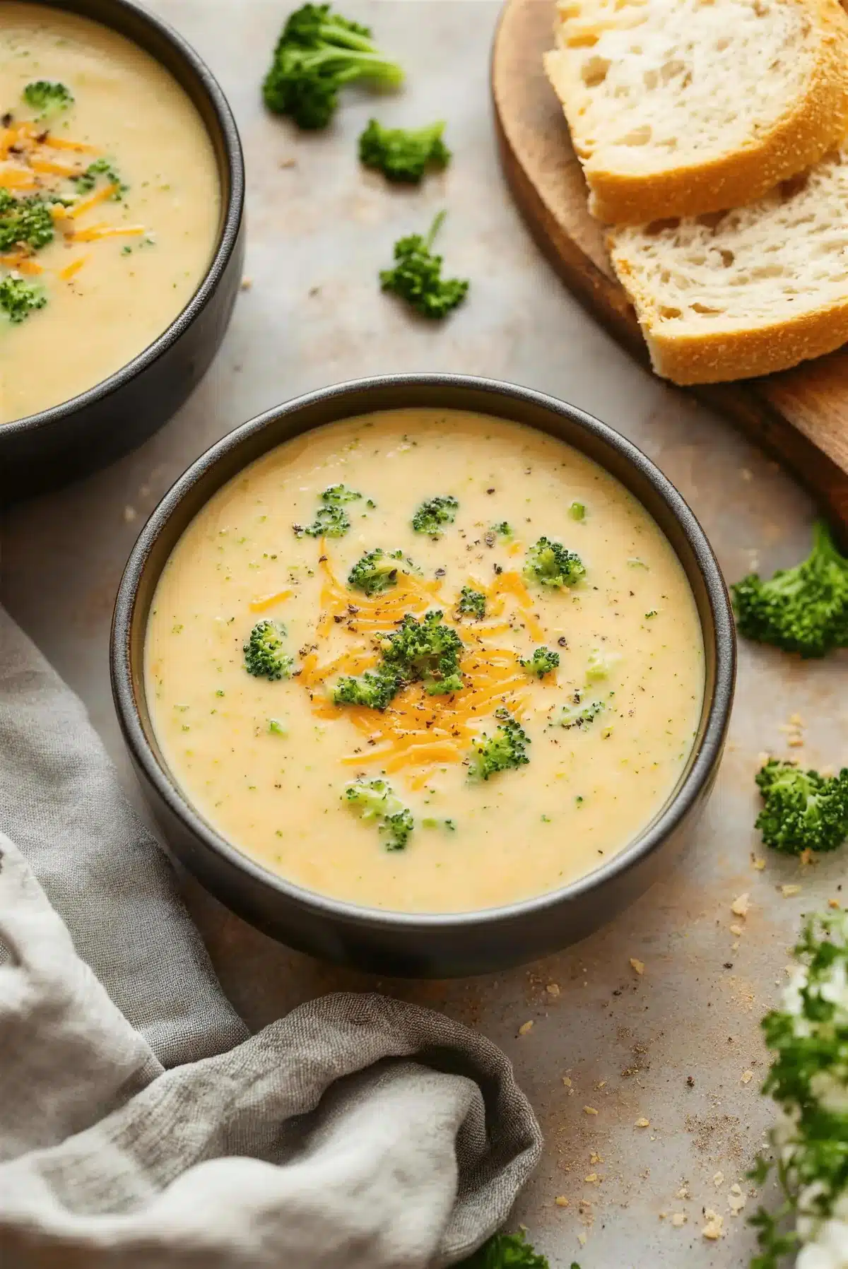 Instant Pot broccoli cheese soup in a dark bowl with a board of sliced bread