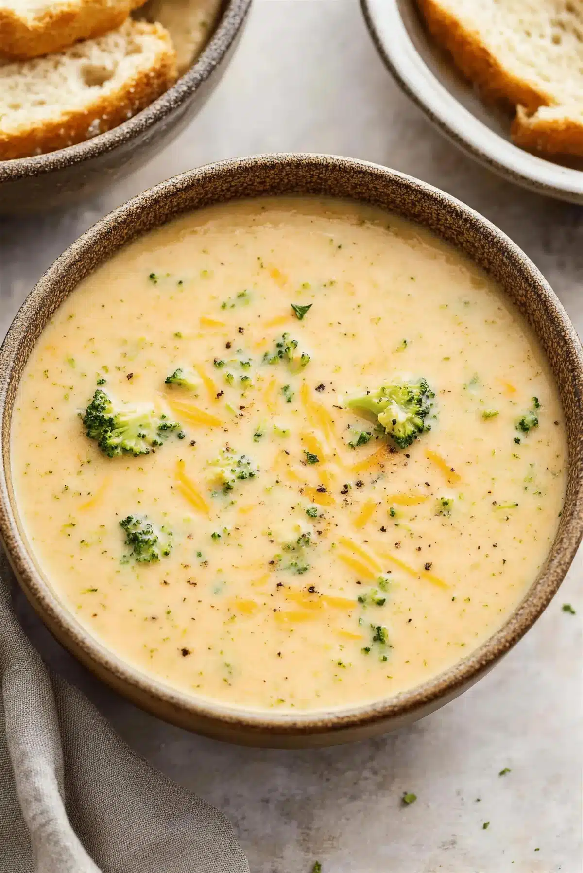 Close-up of a creamy golden bowl flecked with cracked black pepper