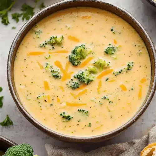 Broccoli cheese soup in a stoneware bowl beside a folded linen cloth
