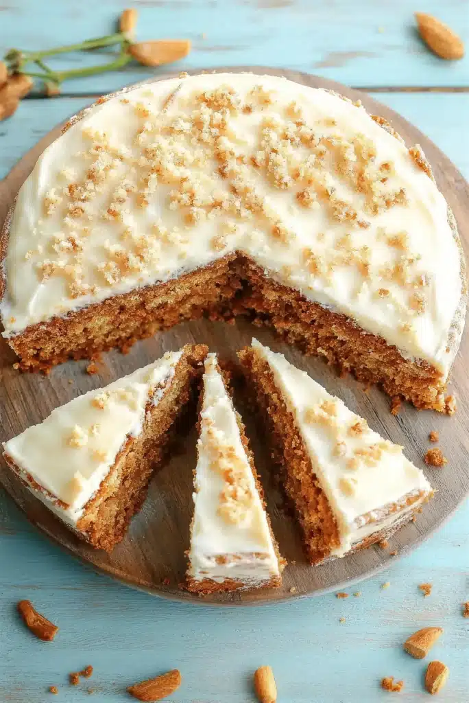 Instant Pot carrot cake sliced into wedges on a round wooden board