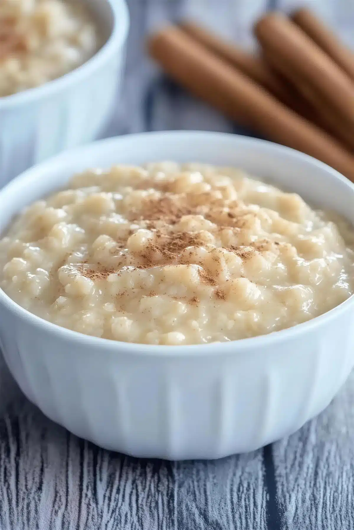Two bowls of creamy cinnamon dusted dessert with cinnamon sticks on weathered wood