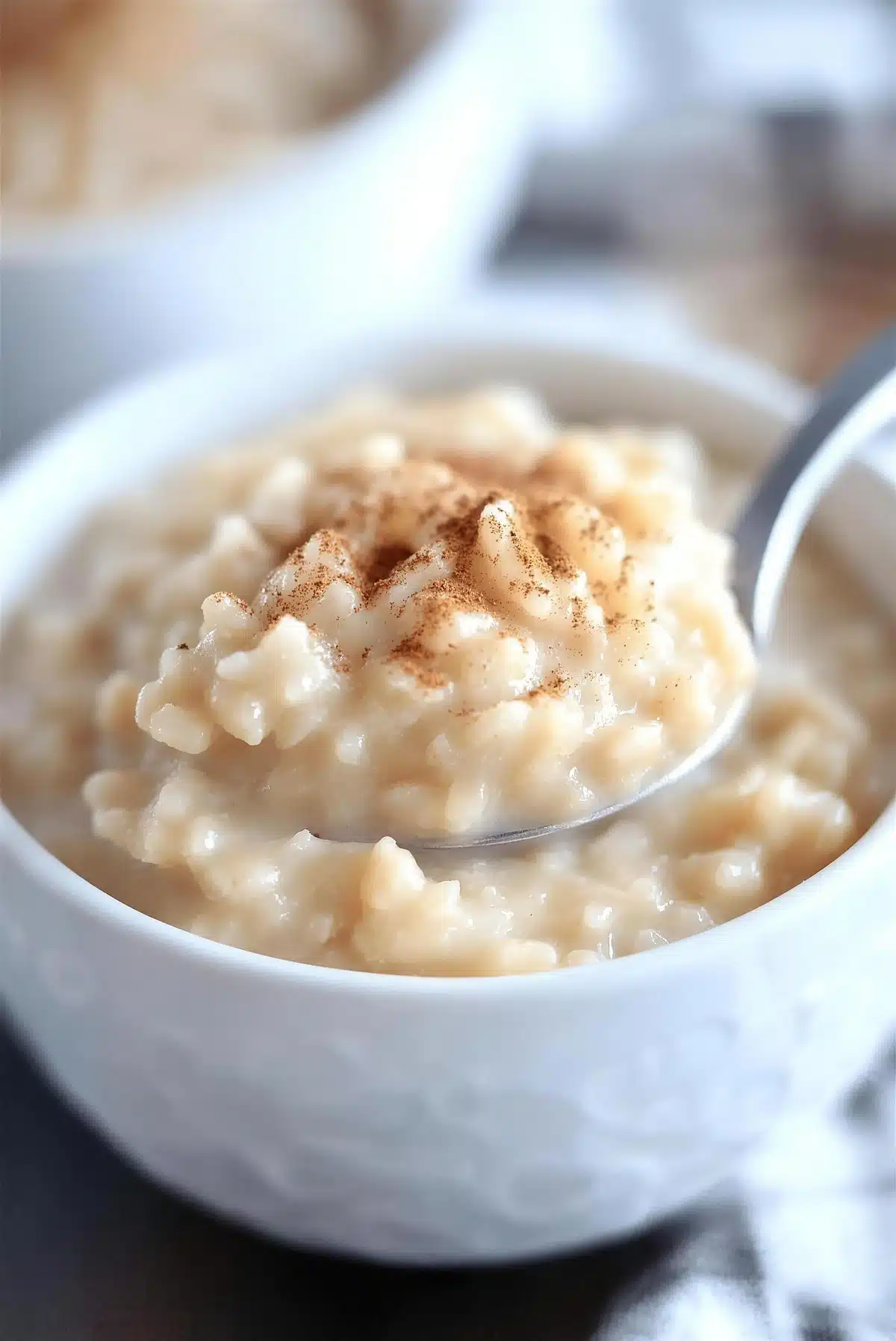 Spoonful of slow cooker rice pudding lifted from a white bowl