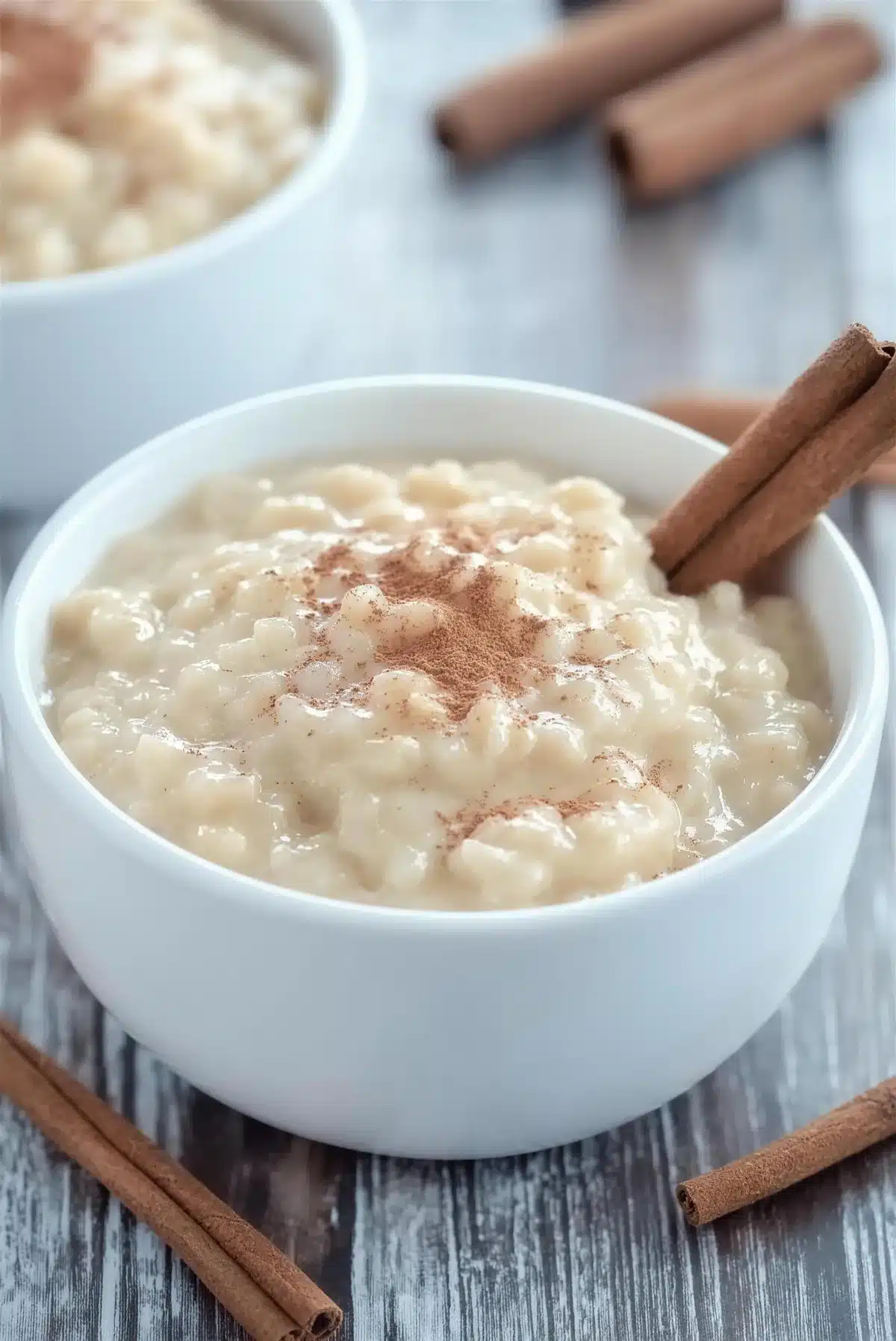 Cinnamon stick resting across a bowl of creamy cinnamon dusted dessert