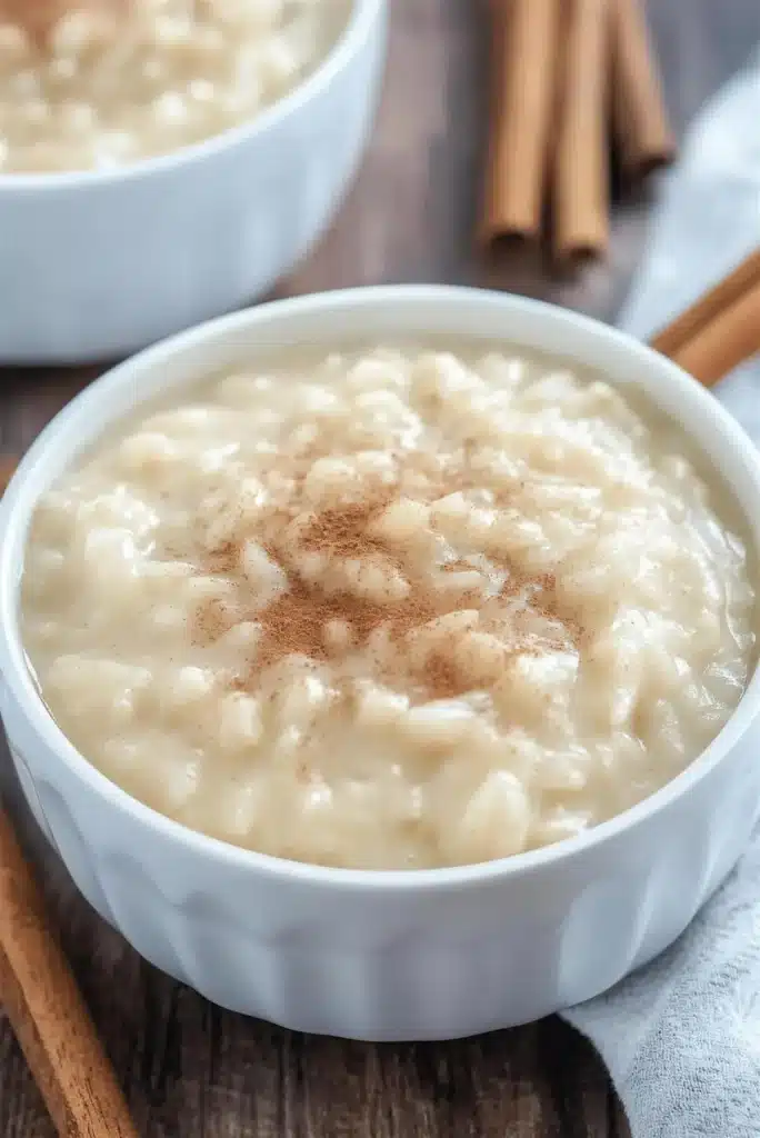 Slow cooker rice pudding dusted with cinnamon in a fluted white bowl
