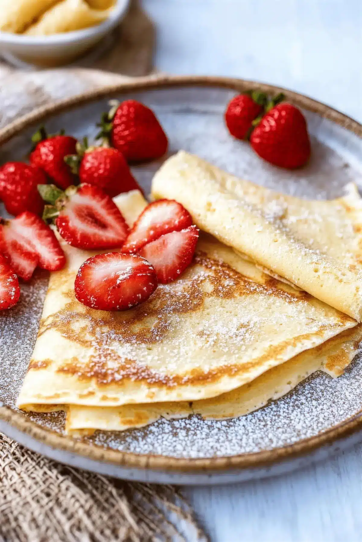 French crepes folded on a speckled plate with sliced strawberries