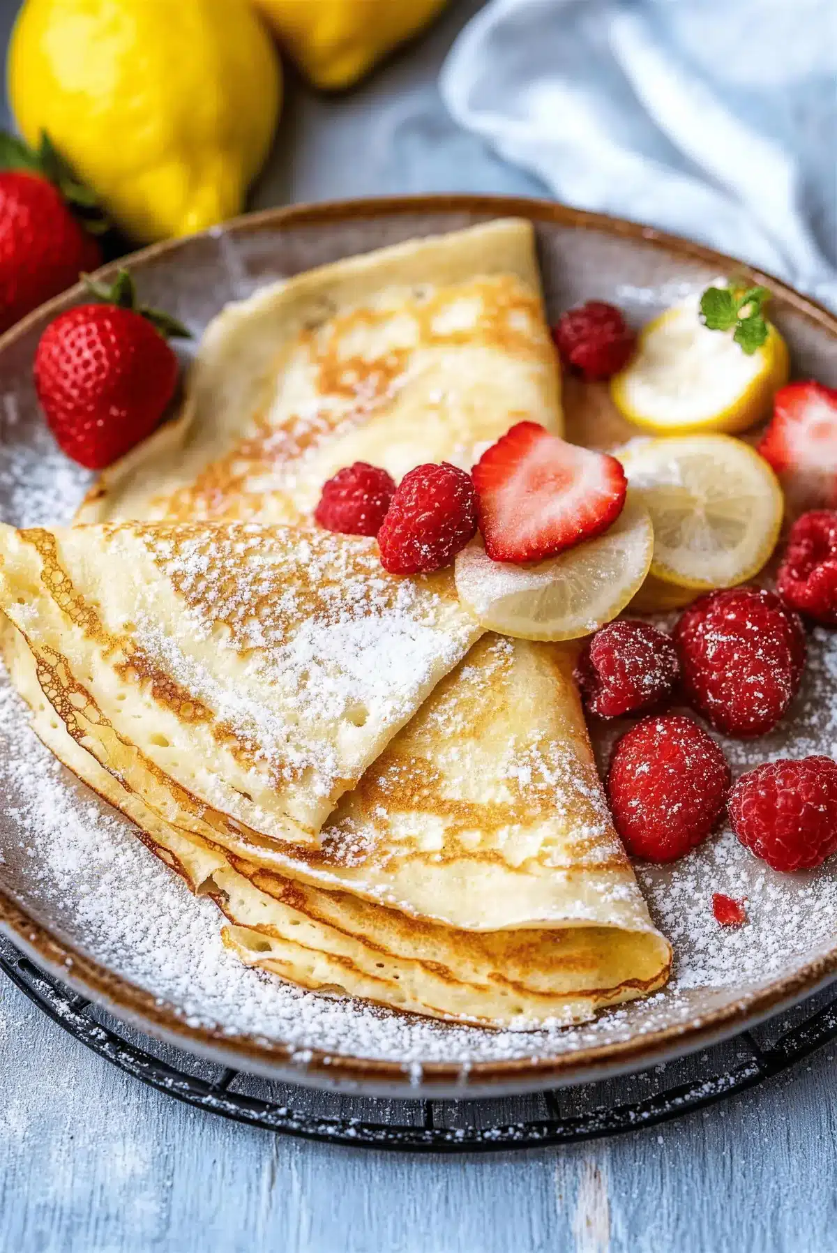 Thin pancakes with lemon slices, raspberries and a dusting of powdered sugar