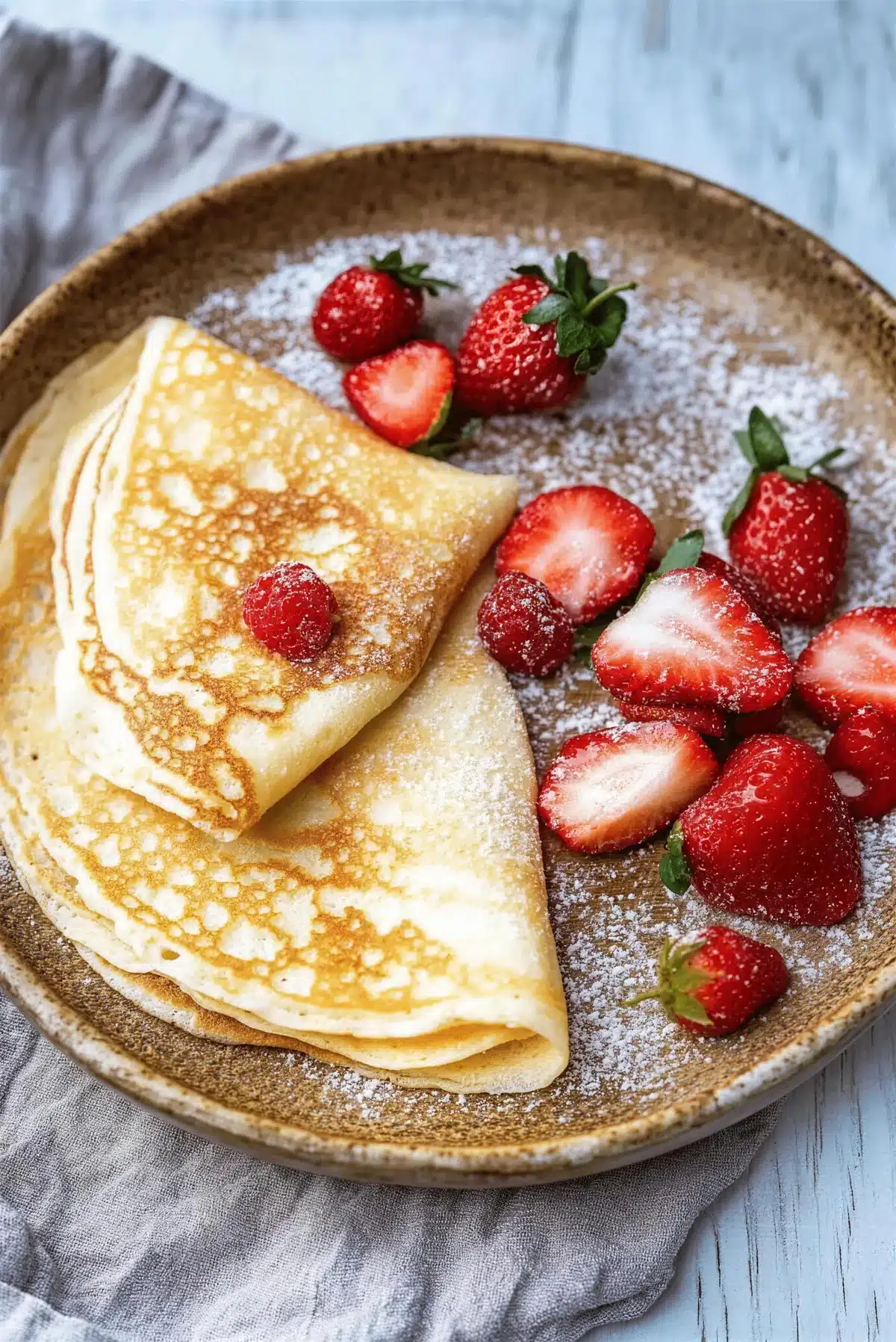 French crepes folded into triangles with berries and powdered sugar