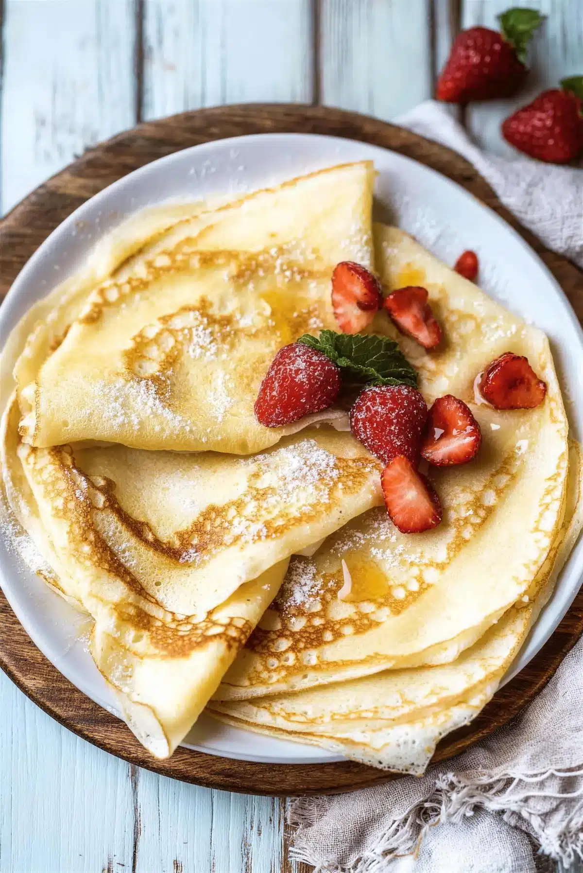 Overhead plate of folded thin pancakes with honey and fresh berries