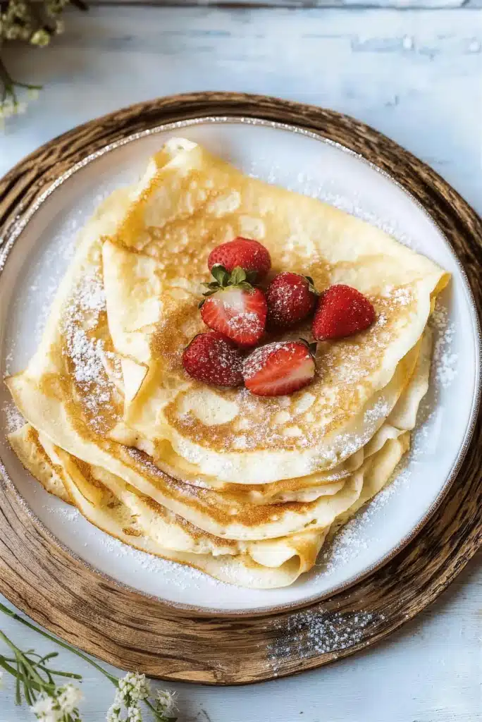 Stack of folded thin pancakes on a woven charger with white flowers