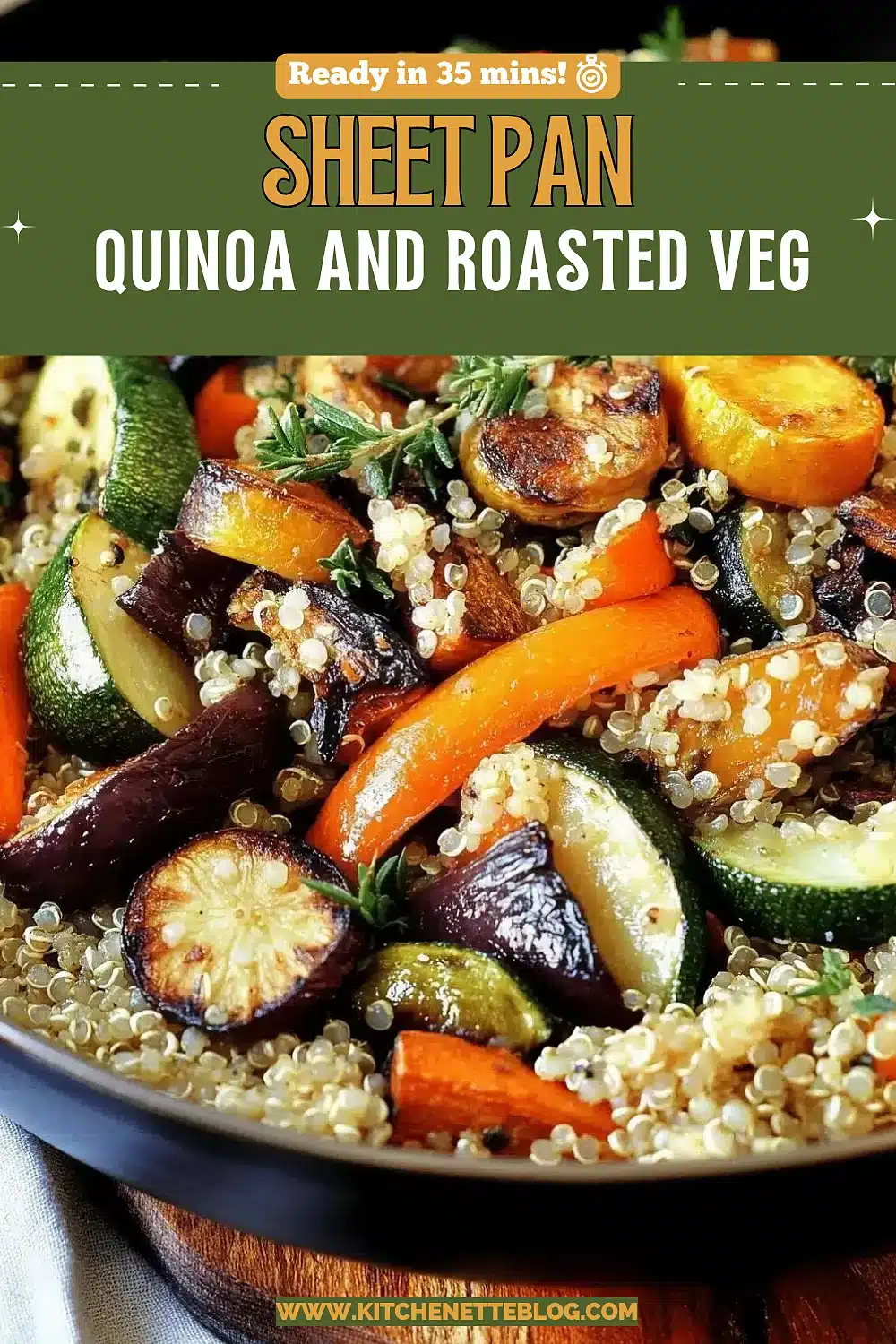 Bowl of grains and charred zucchini, eggplant and peppers with thyme