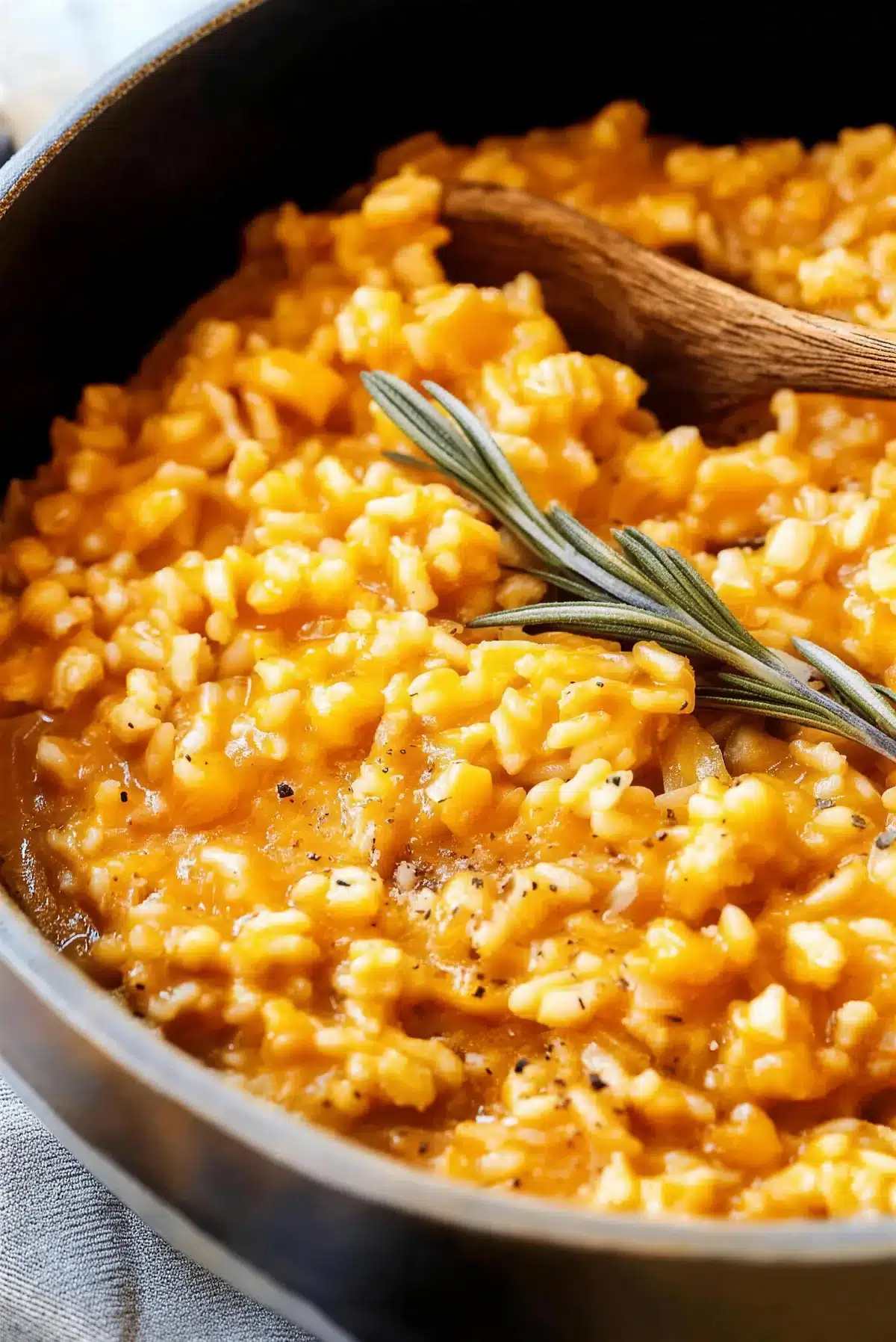 Wooden spoon resting in a wide pan of creamy orange rice with a rosemary sprig