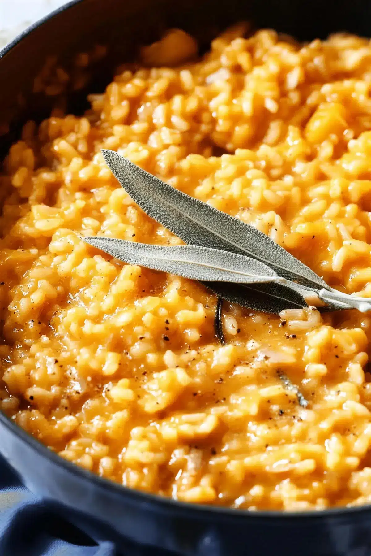 Pumpkin risotto in a dark blue pot with fresh sage leaves laid on top