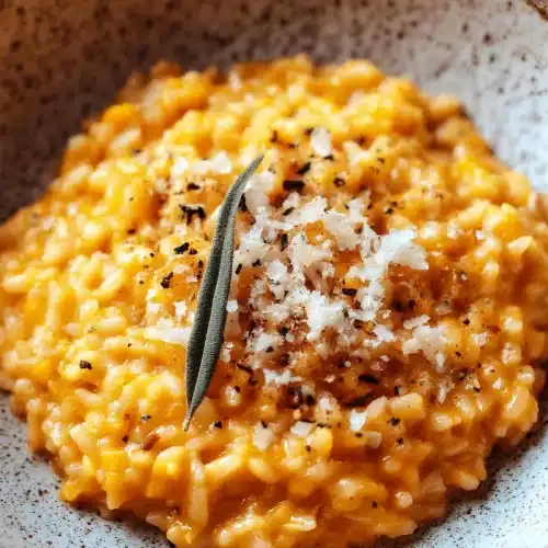 Bowl of pumpkin risotto topped with grated parmesan, black pepper and a sage leaf