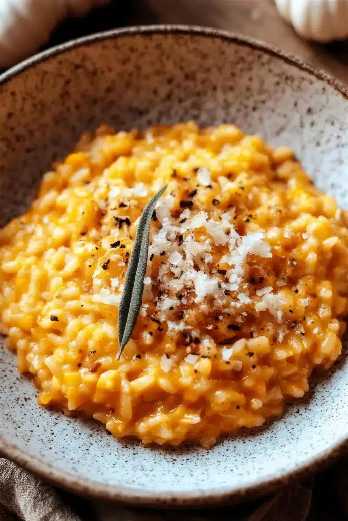 Bowl of pumpkin risotto topped with grated parmesan, black pepper and a sage leaf
