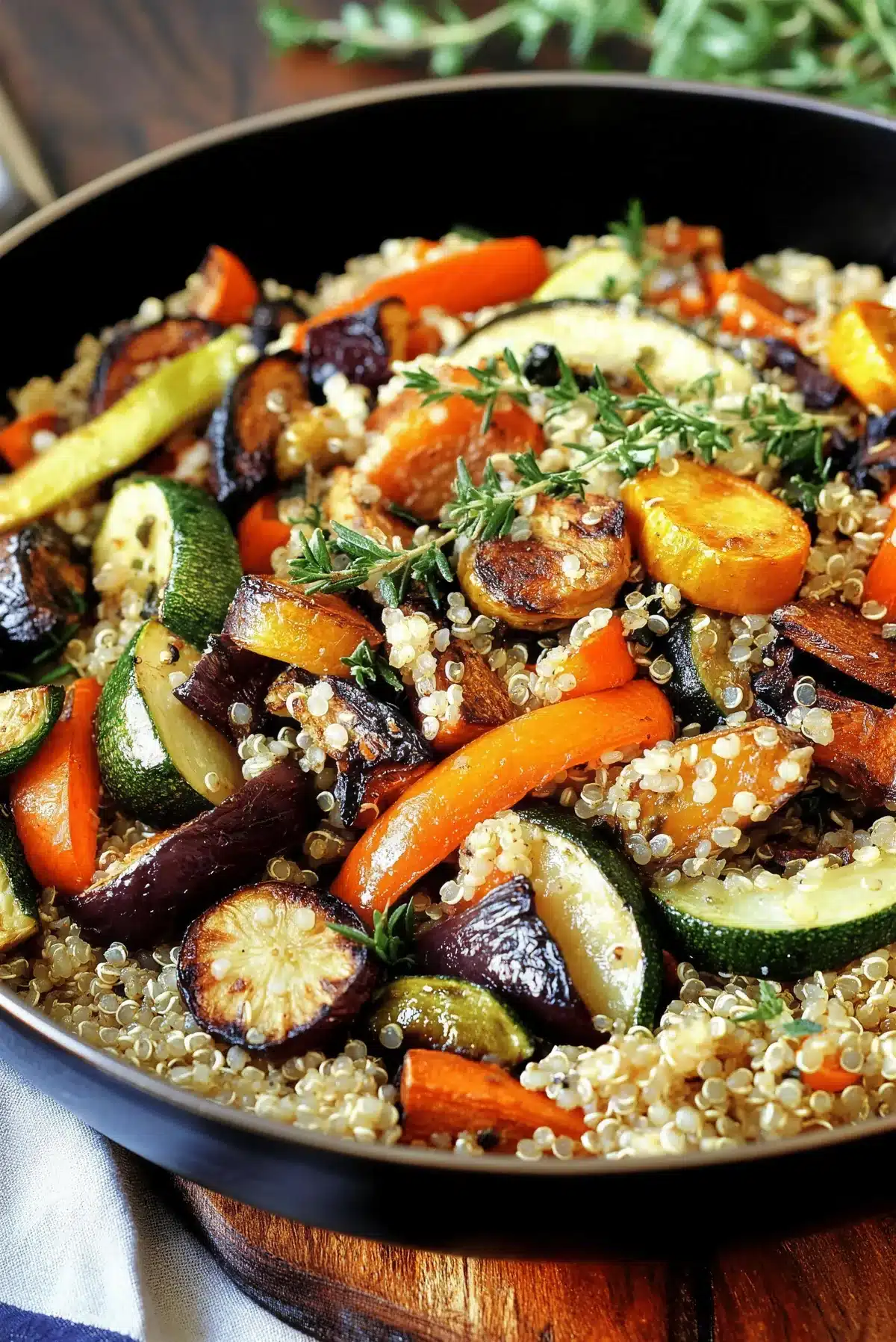 Quinoa with roasted vegetables in a dark pan with fresh thyme