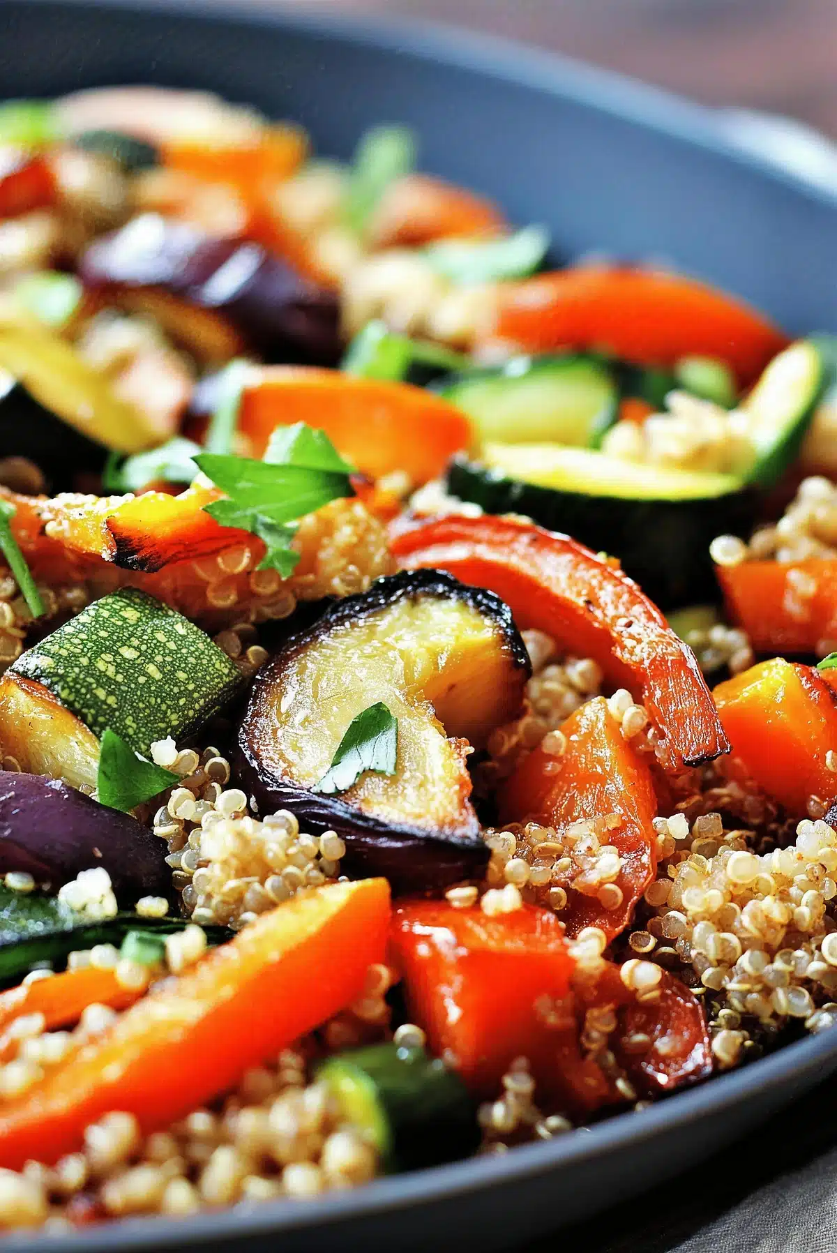 Close-up of glossy zucchini, red pepper and grains in a shallow bowl