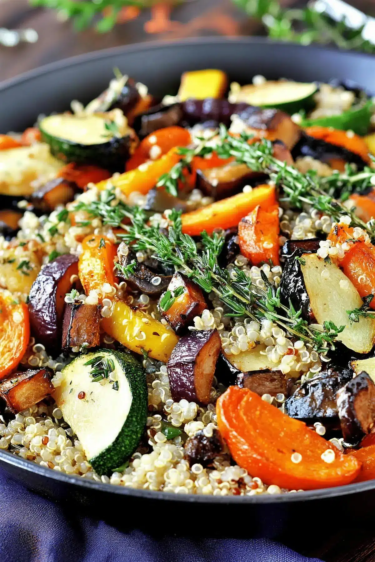 Quinoa with roasted vegetables piled in a bowl on a purple cloth
