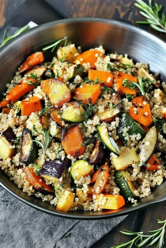 Metal bowl of grains and charred vegetable chunks with rosemary