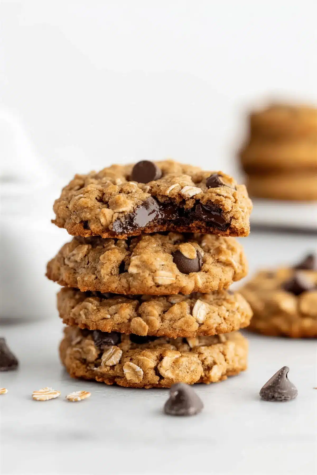 Vegan oatmeal chocolate chip cookies stacked with a bite taken from the top one
