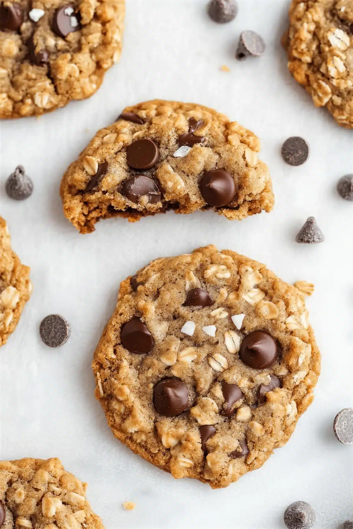 Vegan oatmeal chocolate chip cookies on a marble board with oats scattered around