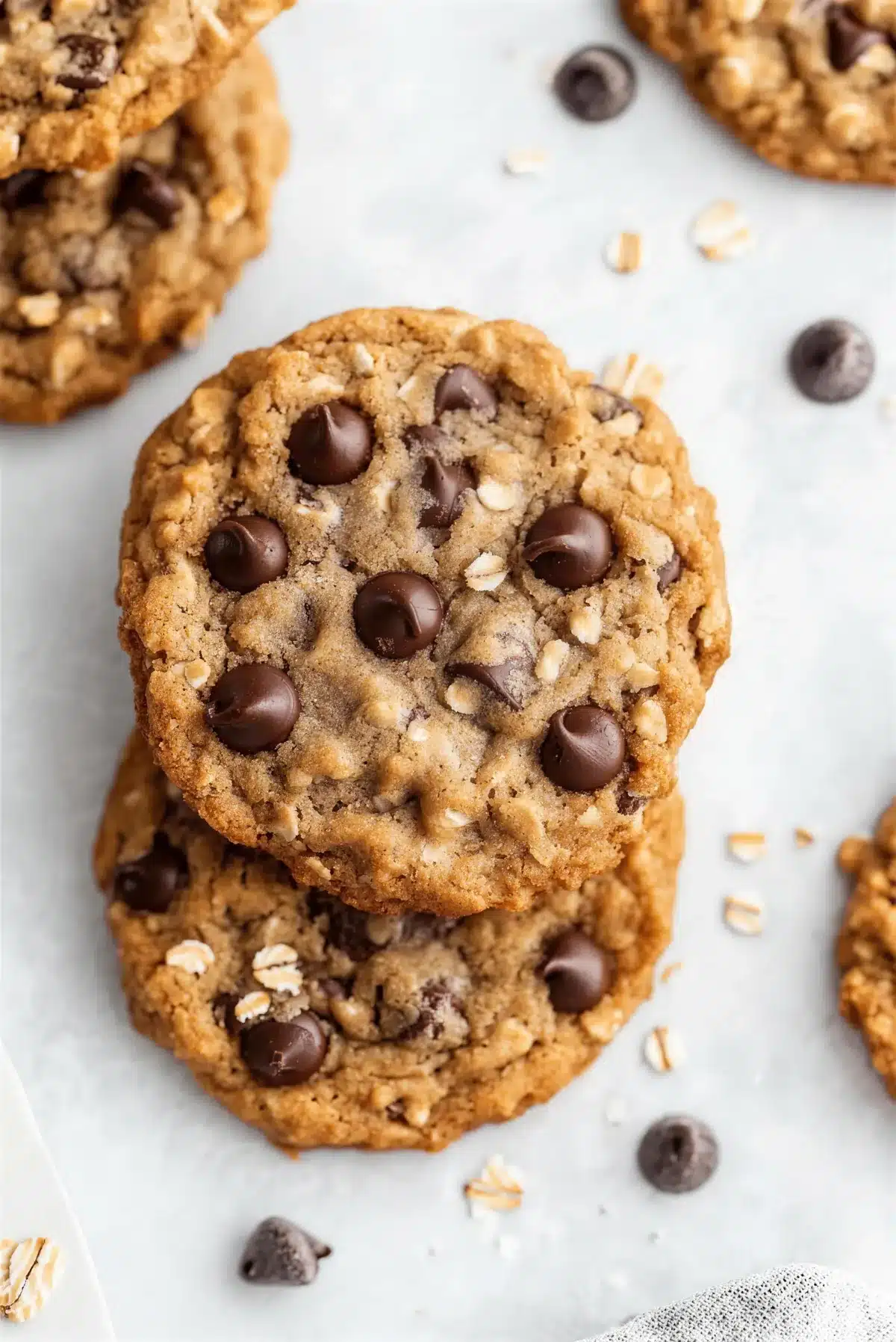 Two chocolate chip cookies on parchment with scattered chips and oats