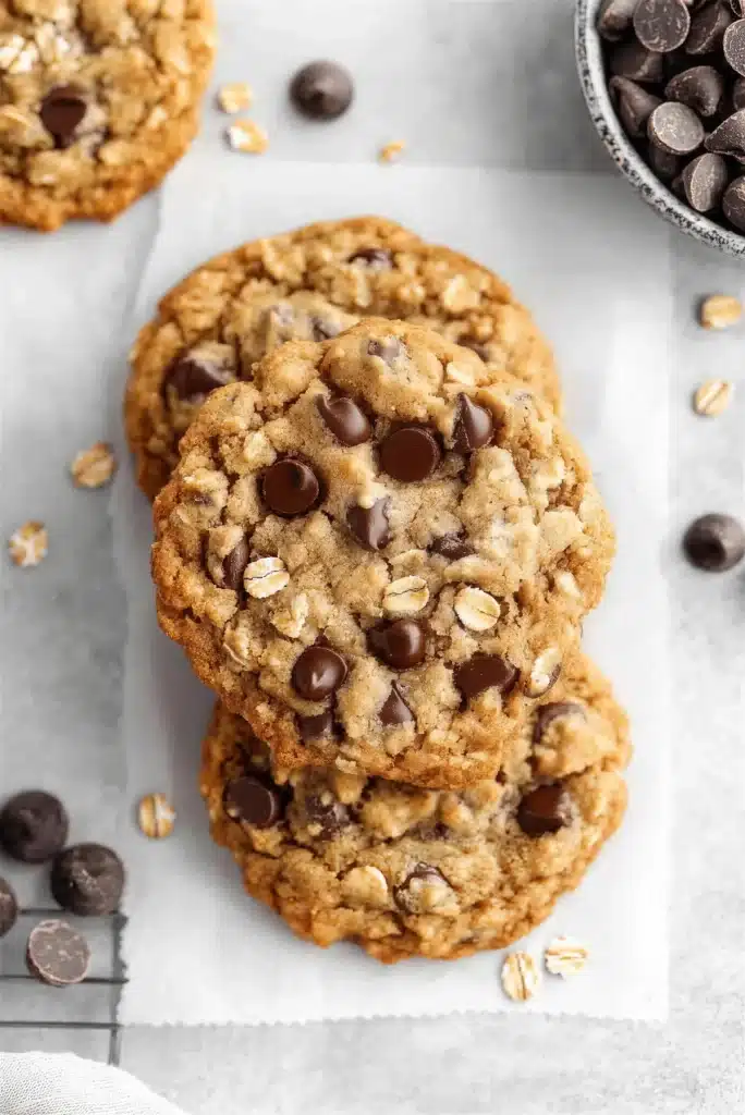 Vegan oatmeal chocolate chip cookies cooling on parchment beside a bowl of chips