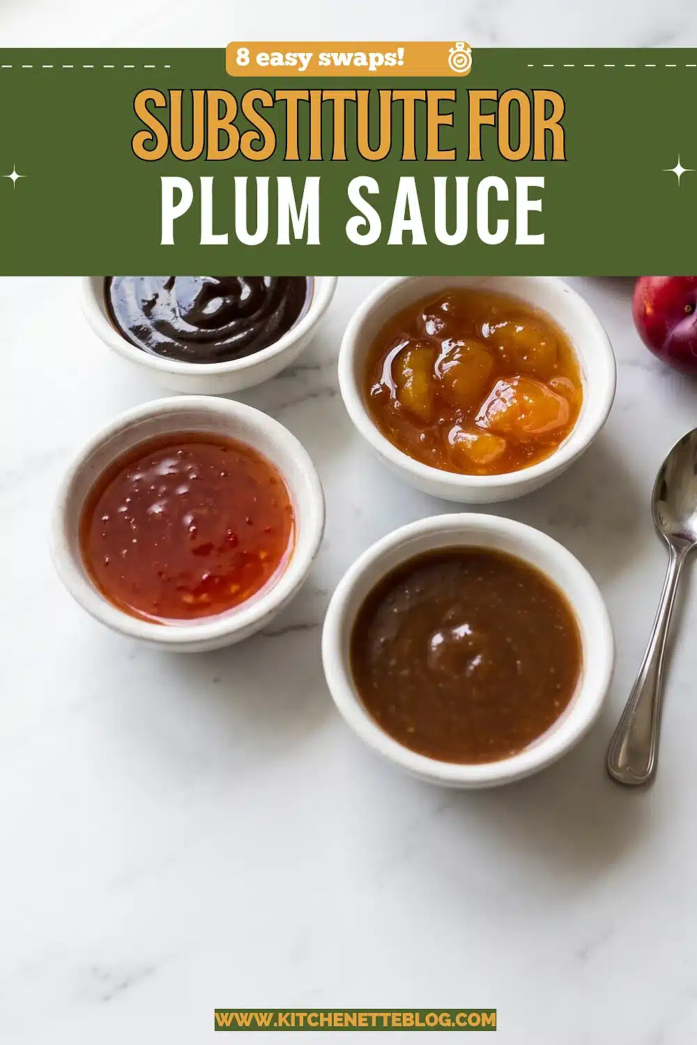 Four small white ramekins of sauces on white marble, from dark brown to bright red and chunky amber, with a spoon and two fresh plums