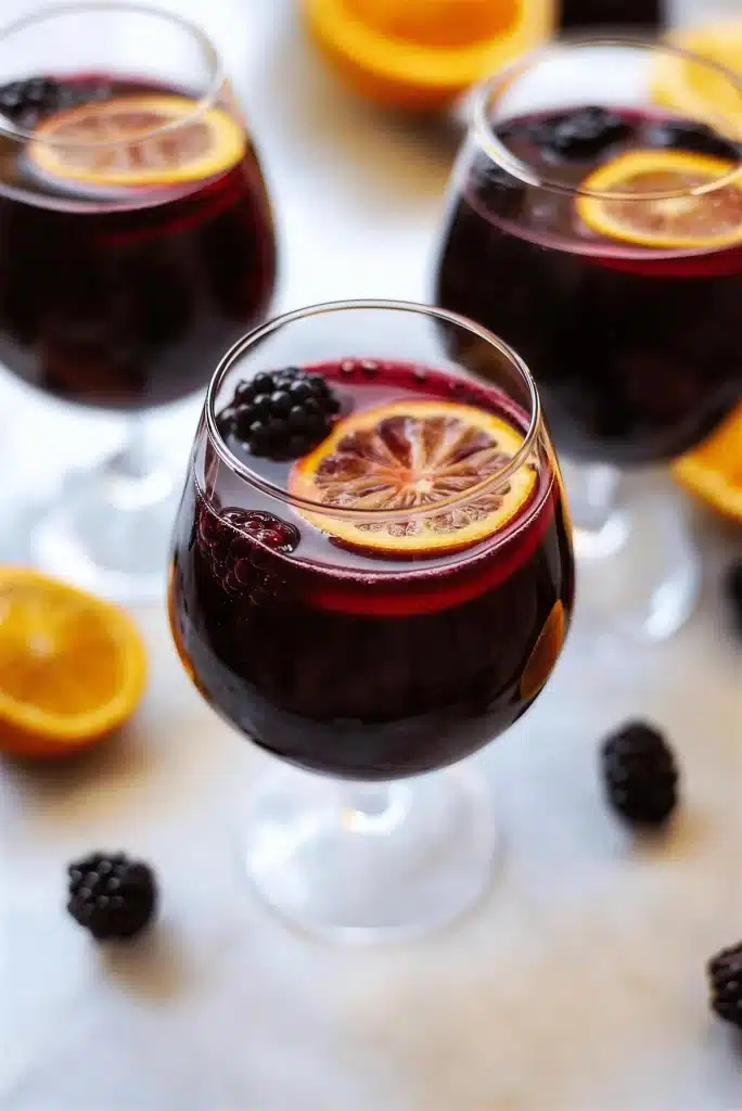 Two glasses of dark red wine punch with citrus wheels on a pale counter