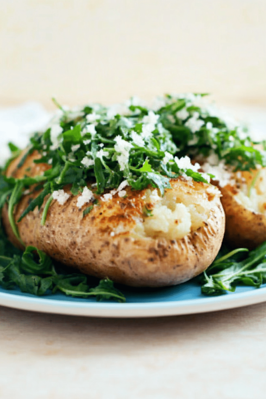 Baked Potato served in a plat topped with Arugula