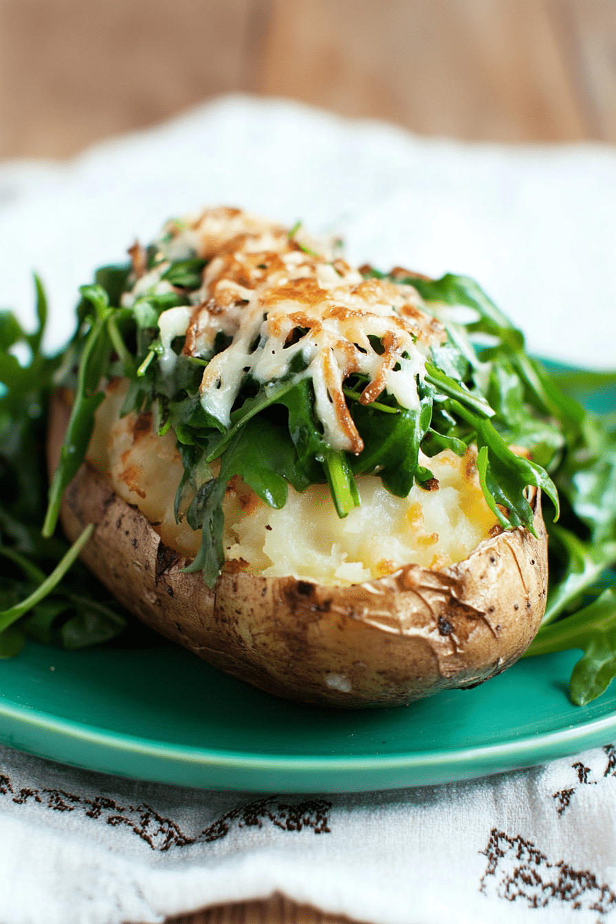 Close up photo of baked potato with Arugula Sautéed