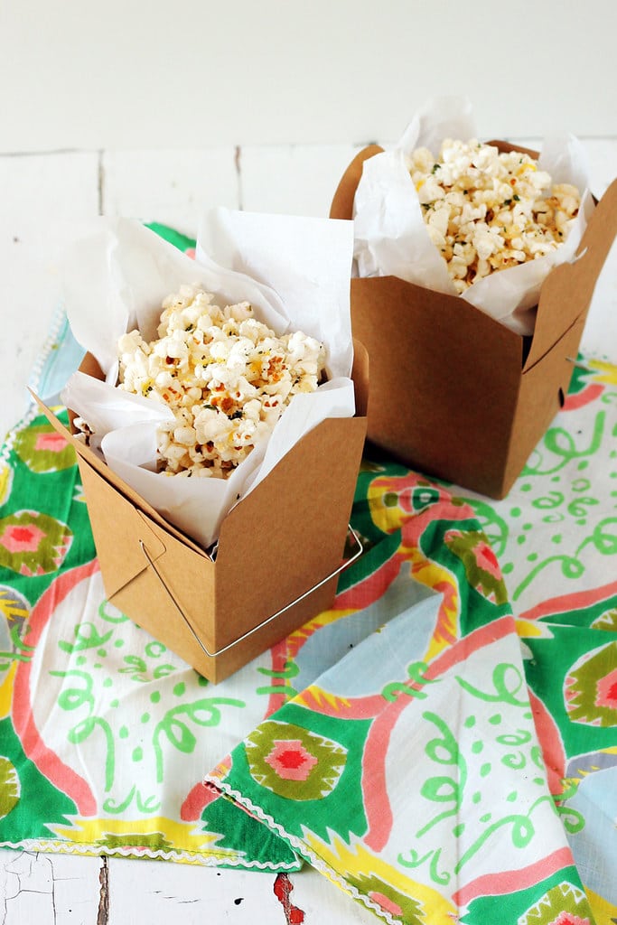 well served Cheesy Lemon Thyme Popcorn in cartoon boxes