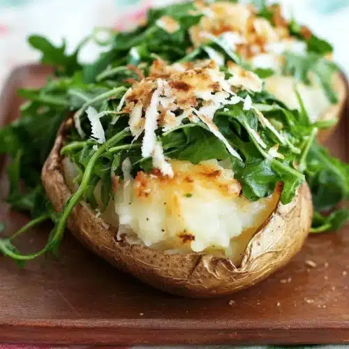 Sauteed arugula and cheese on a split baked potato on a wooden board
