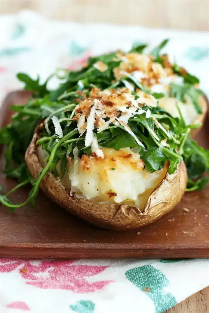 Sauteed arugula and cheese on a split baked potato on a wooden board
