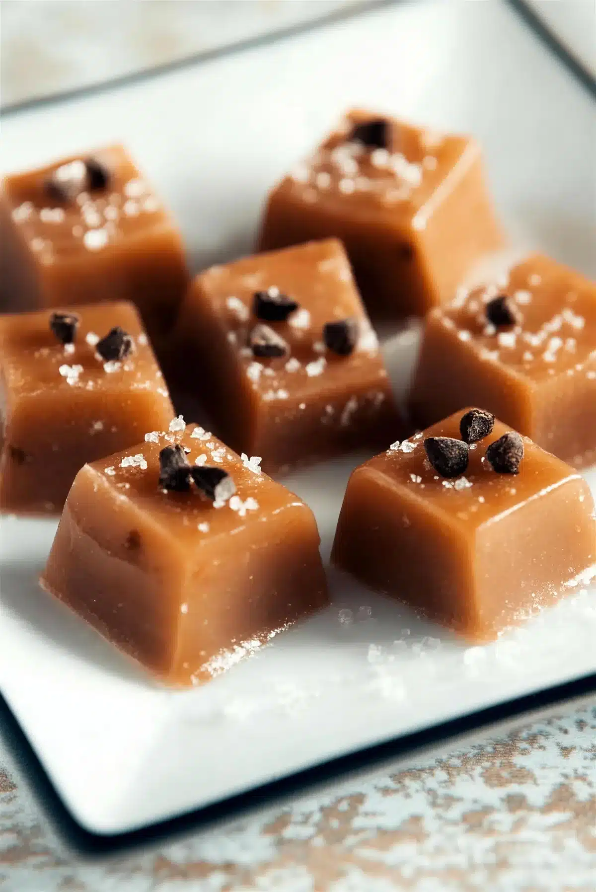 Squares of pale gold candy on a white enamel tray scattered with salt