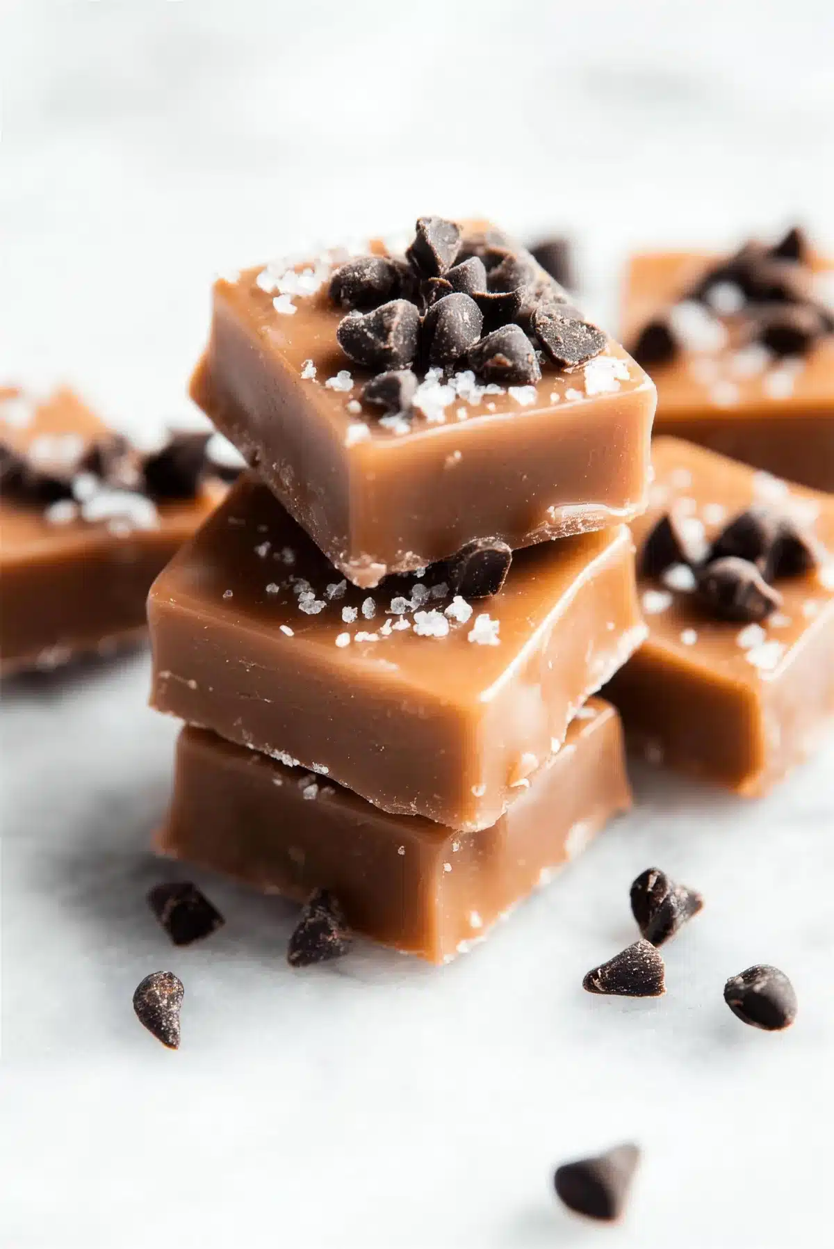 Homemade caramels stacked three high with cocoa nibs and salt on top