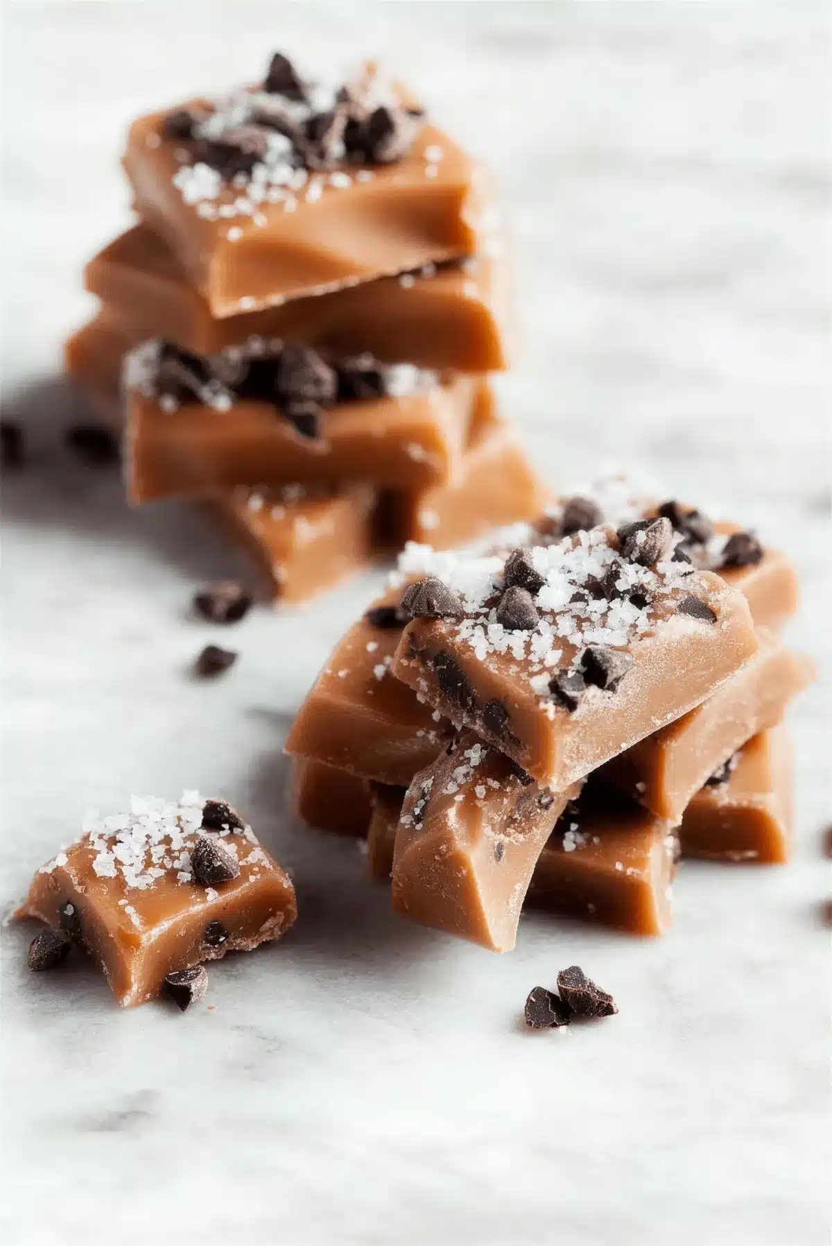 A stack of homemade caramels toppling beside loose cocoa nibs and salt