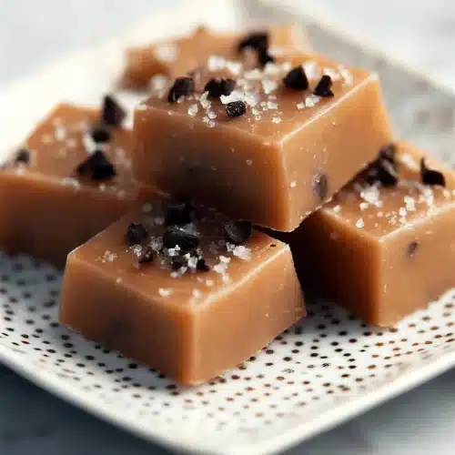 Squares of chewy candy on a white dotted plate with dark flecks on top