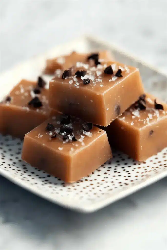Squares of chewy candy on a white dotted plate with dark flecks on top