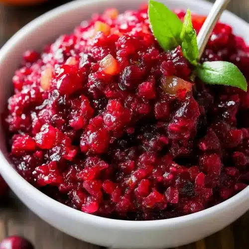 Cranberry sauce with ginger in a white bowl with a spoon and an orange behind