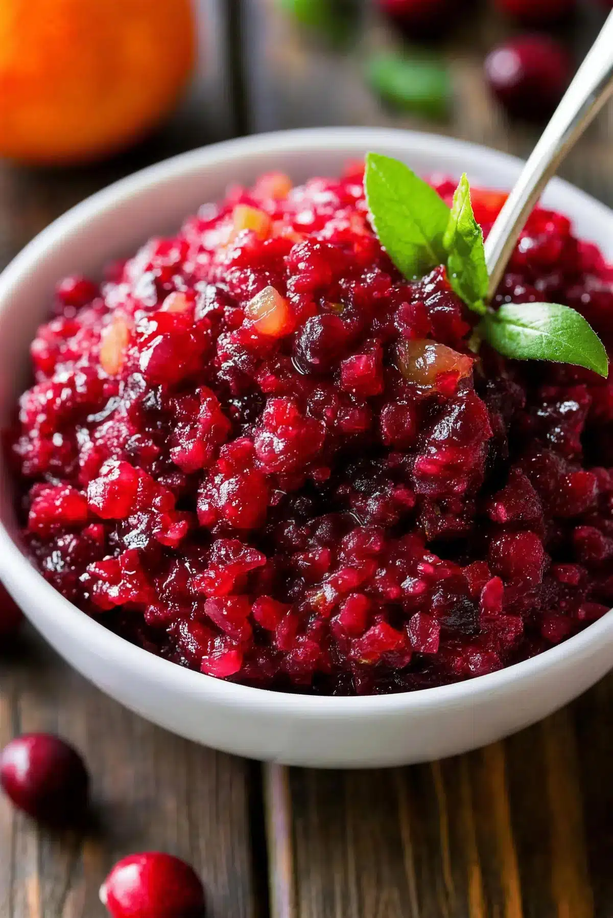 Cranberry sauce with ginger in a white bowl with a spoon and an orange behind
