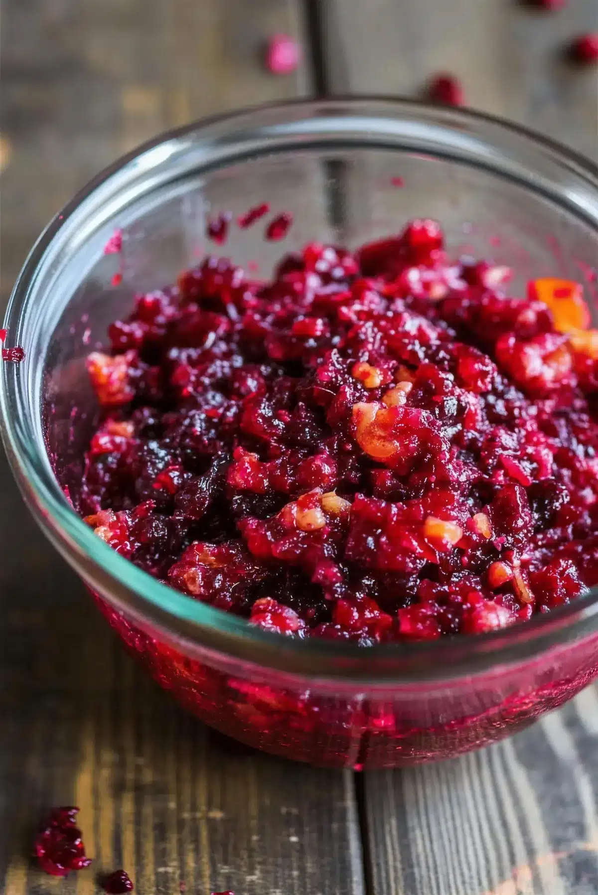 Glass bowl of crimson fruit preserve on a dark wooden table