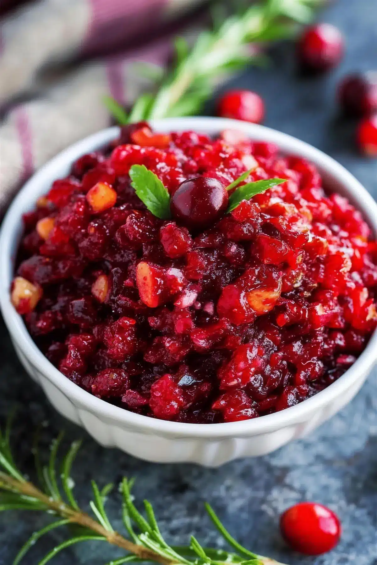 Chunky red preserve in a white bowl with a rosemary sprig on slate