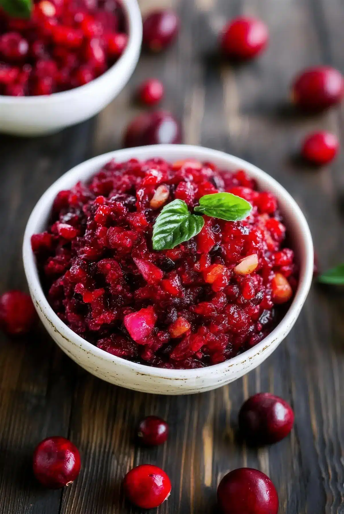Cranberry sauce in a small bowl with mint leaves on dark wood