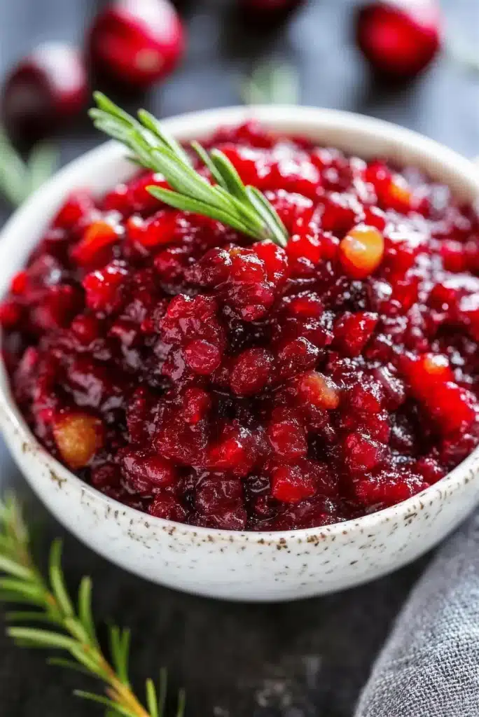 Deep red spoonable preserve in a speckled bowl with a rosemary sprig